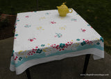 Vintage Simtex Teal Tablecloth with Red and Yellow Flowers