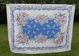 Vintage Shabby Chic Callaway Tablecloth Blue with Pink and Purple Roses