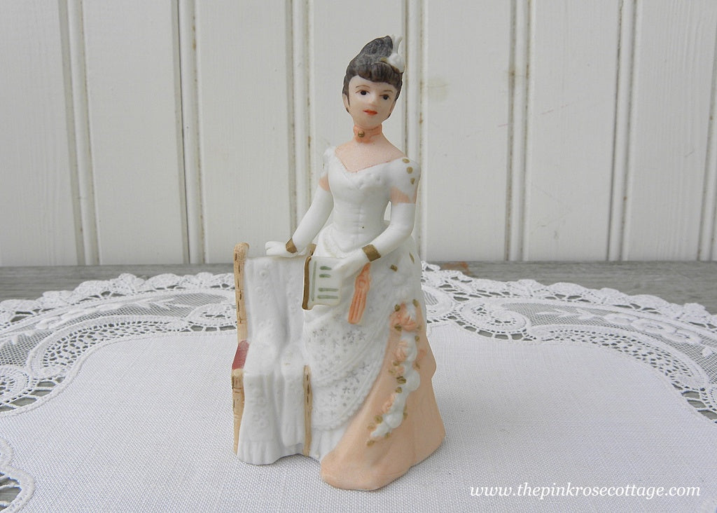 Miniature Victorian Lady Figurine Peach and Lace Dress with Roses
