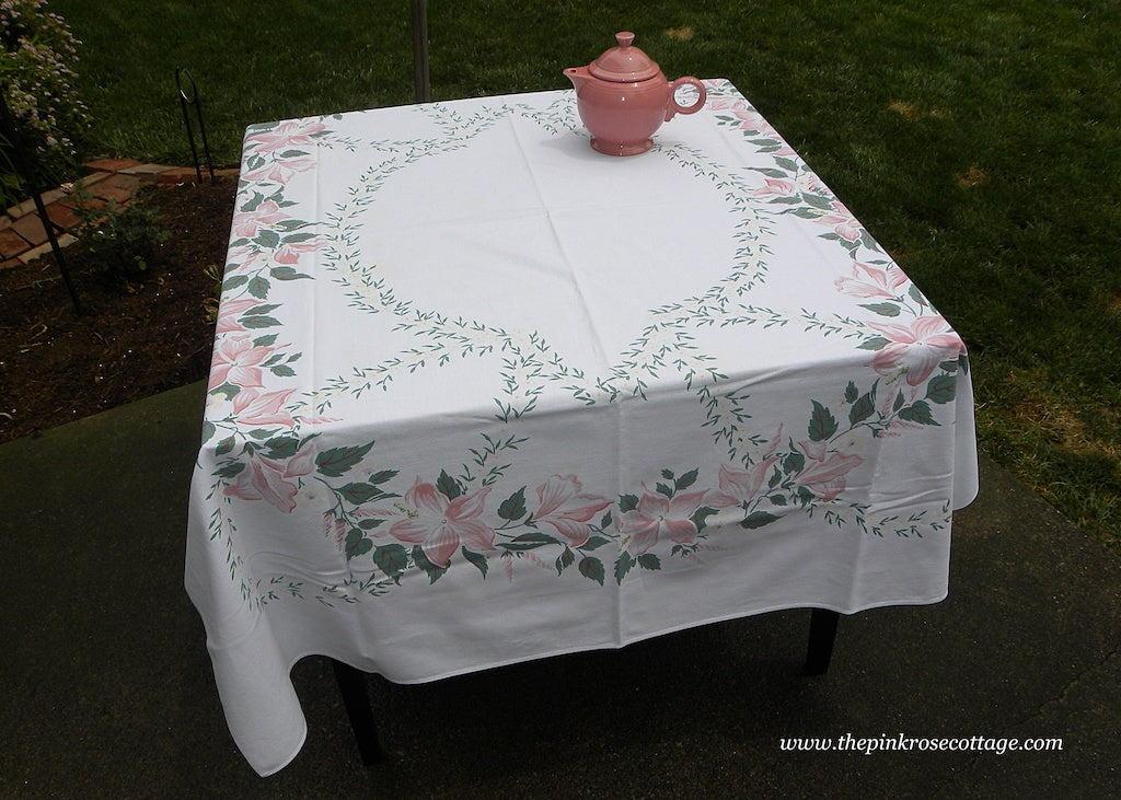 Vintage Tagged Simtex Soft Pink Lily Lilies Garland Tablecloth