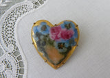 Antique Victorian Edwardian Hand Painted Pink Rose and Pansies Heart Brooch Pin - The Pink Rose Cottage 