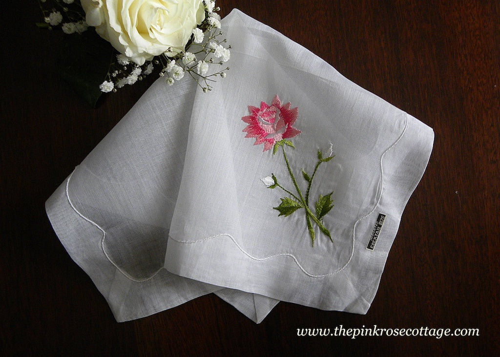 Vintage Embroidered Pink Carnation Sheer Handkerchief Unused