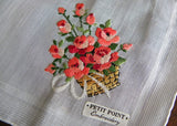 Vintage Tagged Burmel Petit Point Embroidery Basket of Pink Roses