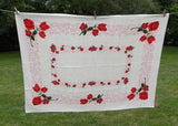 Vintage Tablecloth Red Roses and Pink Scrolls
