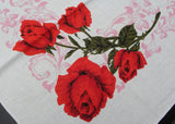 Vintage Tablecloth Red Roses and Pink Scrolls