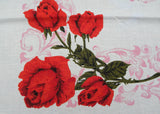 Vintage Tablecloth Red Roses and Pink Scrolls