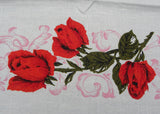Vintage Tablecloth Red Roses and Pink Scrolls