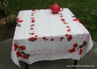 Vintage Tablecloth Red Roses and Pink Scrolls