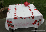 Vintage Tablecloth Red Roses and Pink Scrolls