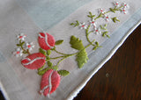 Vintage Desco Embroidered Pink Roses White and Pink Handkerchief