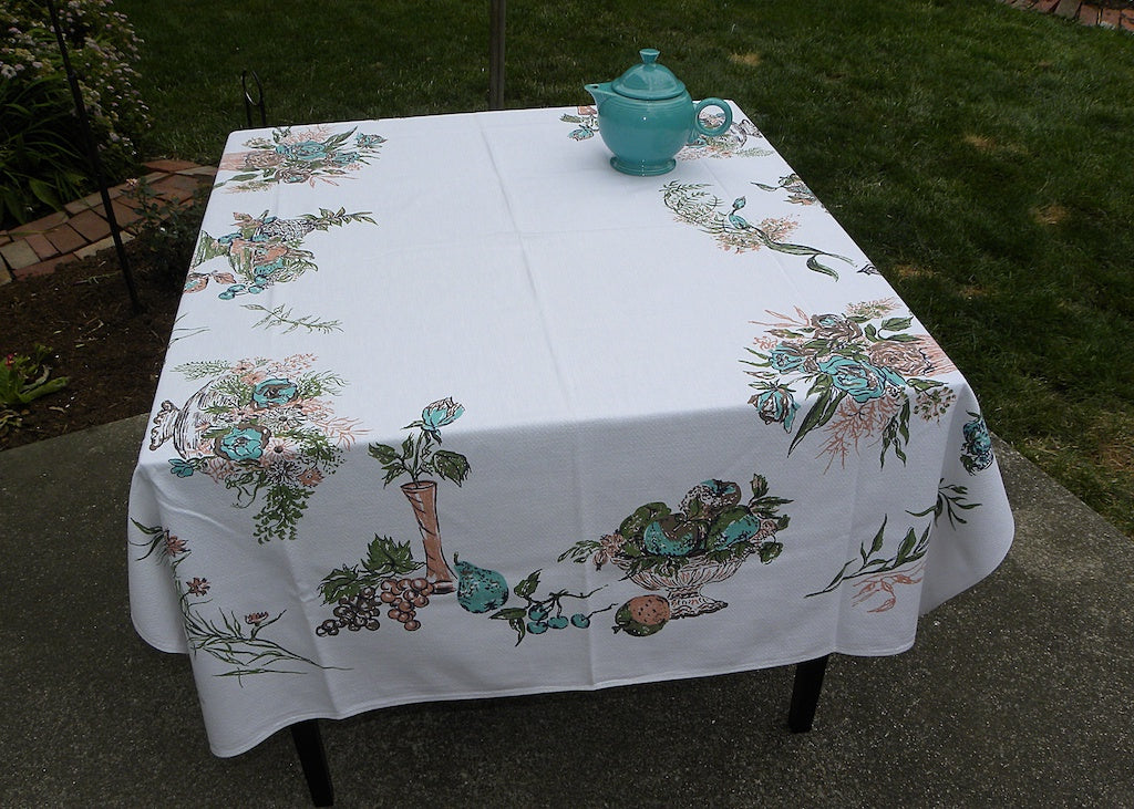 Vintage Startex Teal Flower Vases and Bowls with Butterflies Tablecloth