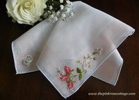 Vintage Desco Embroidered Pink Roses White and Pink Handkerchief