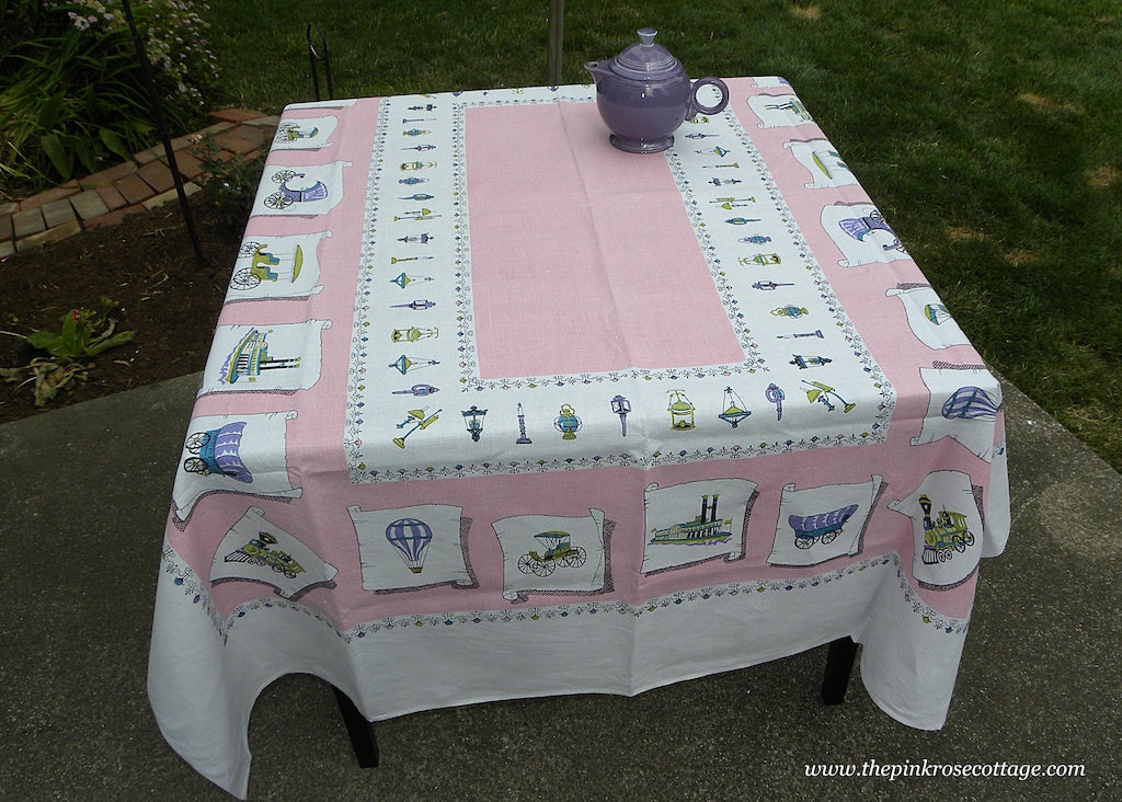 Vintage Tablecloth Antique Transportation Hot Air Balloons Trains and More