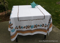 Large Vintage Tablecloth Blue Roses and Fall Brown Leaves