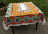 Vintage Yellow Rose Teal and Orange Linen Tablecloth
