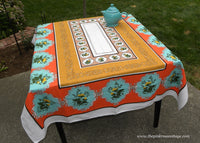 Vintage Yellow Rose Teal and Orange Linen Tablecloth