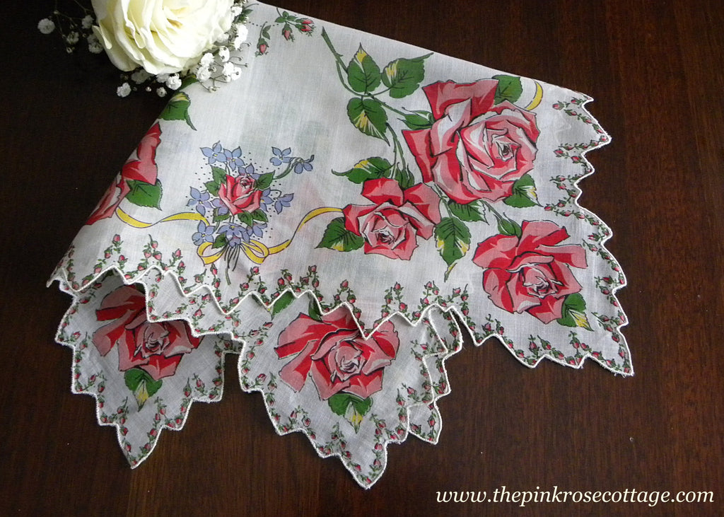 Vintage Pink Rose with Bows Scalloped Handkerchief