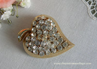 Vintage Rhinestone Heart Shaped Leaf Pin Brooch