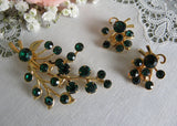 Vintage Emerald Green Floral Spray Pin and Earring Set