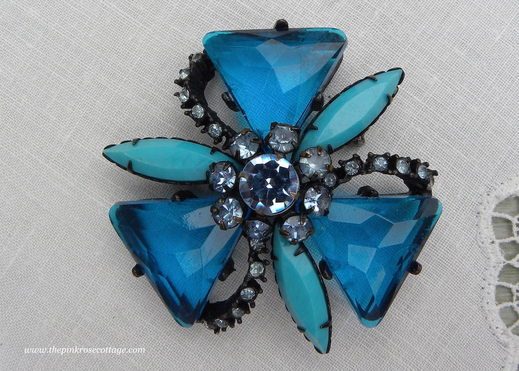 Vintage Glass and Rhinestone Brooch Pin Shades of Blue