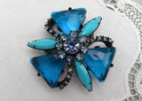 Vintage Glass and Rhinestone Brooch Pin Shades of Blue