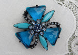 Vintage Glass and Rhinestone Brooch Pin Shades of Blue