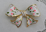 Vintage Enameled Bow Pin Large with Pink Rosebuds