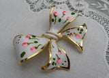 Vintage Enameled Bow Pin Large with Pink Rosebuds