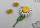 Vintage Enameled Daisy with Stem Pin and Earrings