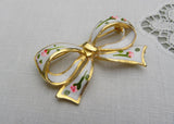 Vintage Enameled Bow Pin with Pink Rosebuds