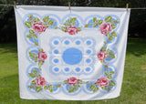 Vintage Pink Roses and Blue Lace Tablecloth