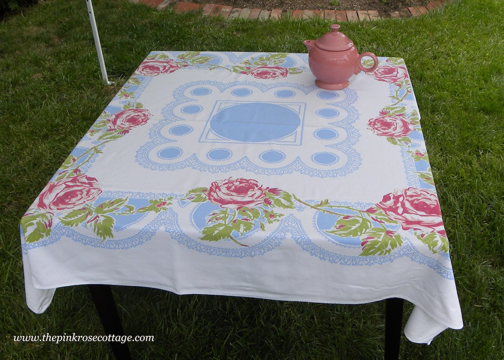 Vintage Pink Roses and Blue Lace Tablecloth