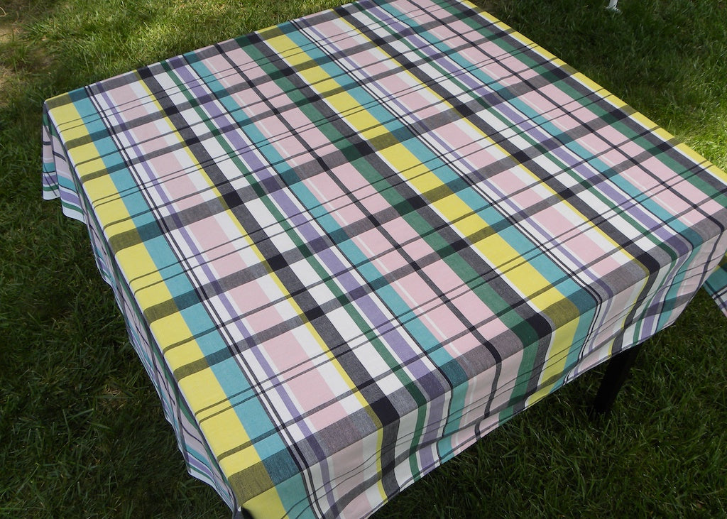 Vintage MCM Simtex Russel Wright Plaid Tablecloth Pink Teal Black | The ...