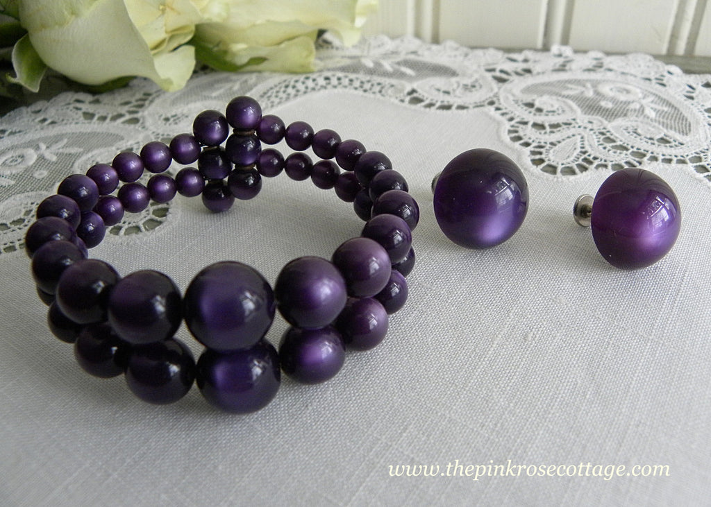 Vintage Dark Purple Moonglow Beaded Bracelet and Earring Set