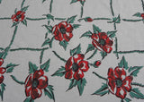 Vintage Red Poppies Green Leaf Grid Tablecloth