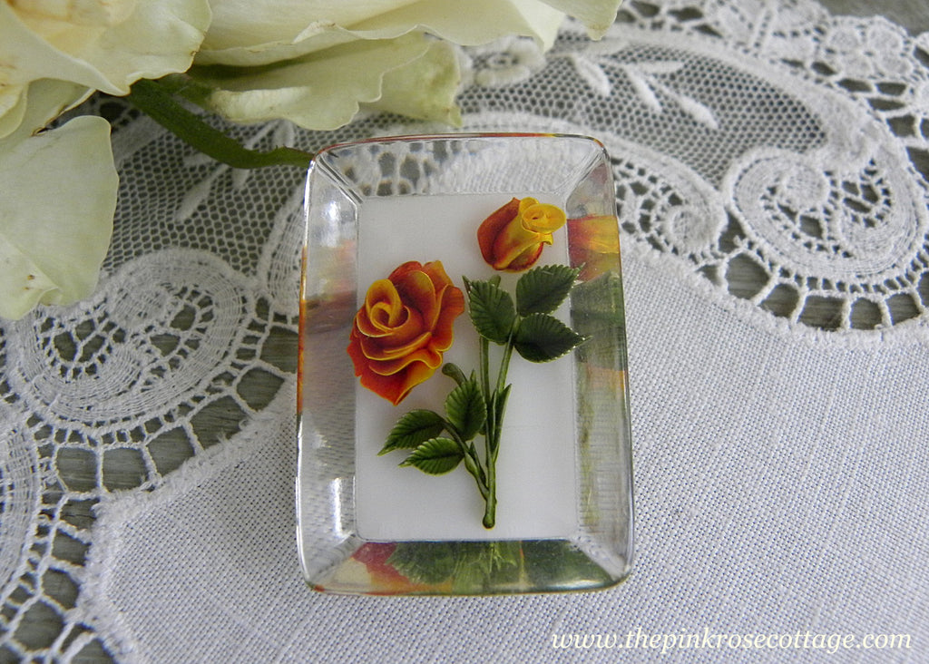 Vintage Lucite Yellow and Orange Rose Pin Brooch