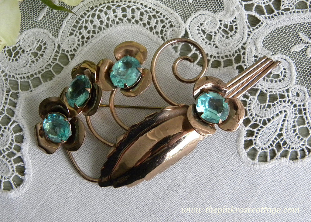 Vintage Gold Tone Flower and Leaf Brooch Pin with Large Aqua Rhinestones