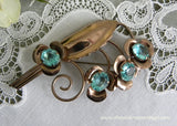 Vintage Gold Tone Flower and Leaf Brooch Pin with Large Aqua Rhinestones
