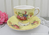 Vintage Yellow Teacup and Saucer with Cabbage Rose Bouquets