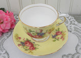 Vintage Yellow Teacup and Saucer with Cabbage Rose Bouquets