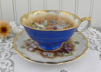 Vintage Cobalt Blue with Raspberries Peaches and Plums Teacup and Saucer