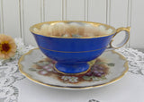 Vintage Cobalt Blue with Raspberries Peaches and Plums Teacup and Saucer