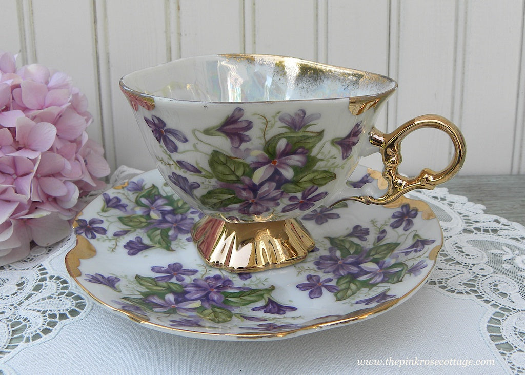 Vintage Three Sided Pedestal Teacup and Saucer with Wild Purple Violets