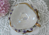 Vintage Three Sided Pedestal Teacup and Saucer with Wild Purple Violets