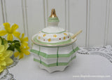 Vintage Green and White Mustard Pot with Petite Yellow Flowers