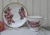 Vintage Pink and Black Dogwood Blossoms Teacup and Saucer