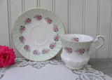 Vintage Queens Soft Green Teacup and Saucer with Petite Pink Roses