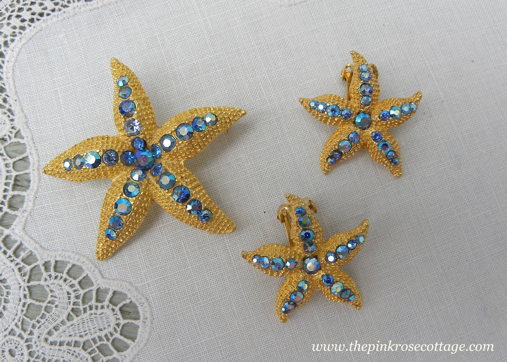 Vintage Blue Rhinestone Starfish Brooch and Earring Set Pin
