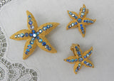 Vintage Blue Rhinestone Starfish Brooch and Earring Set Pin