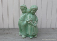 Vintage Cameron Clay Pottery Green Celadon Dutch Boy and Girl Planter Vase